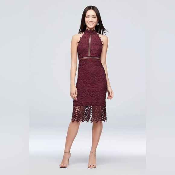 Bardot Short Lace High-Neck Dress with Illusion Details Burgundy 45249 - Picture 1 of 16
